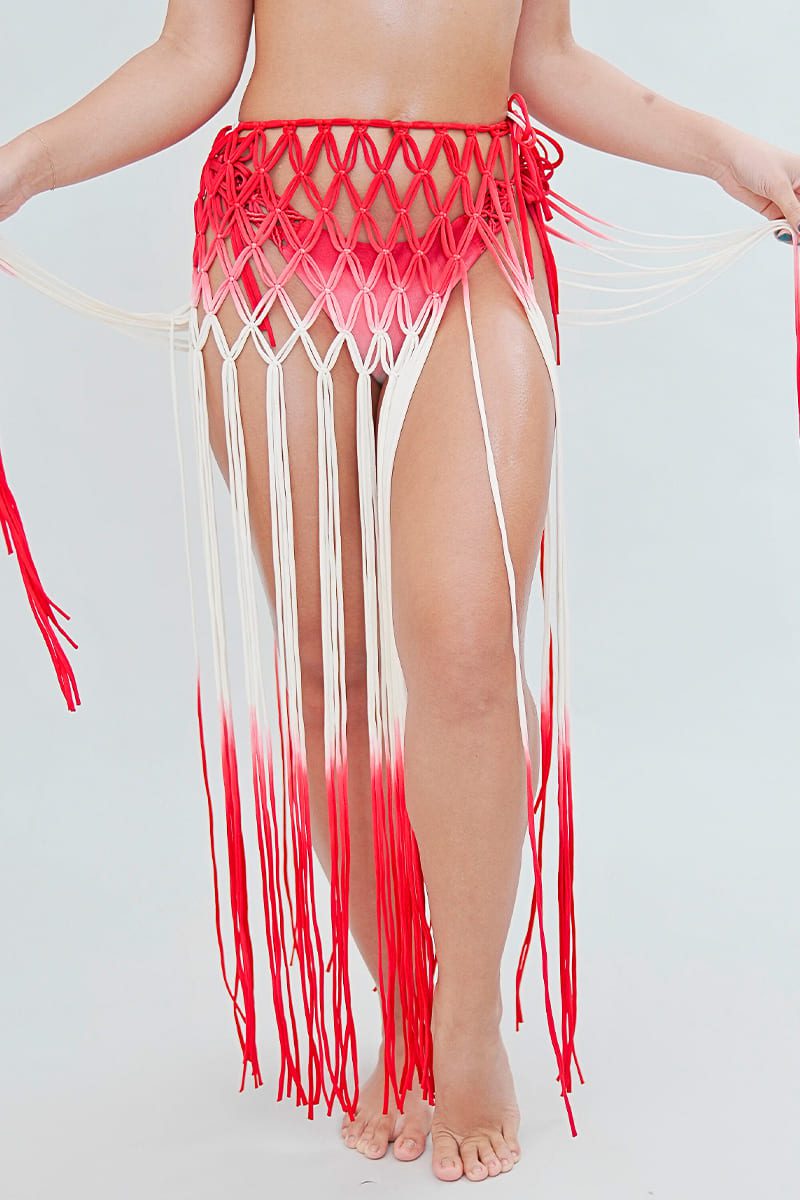 Aurora Beach Macrame Skirt - Red & White Gradient